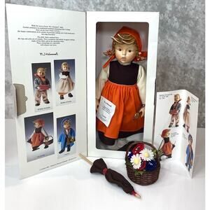 Mi Hummel Doll On Holiday 15.75" Porcelain Cloth Goebel Signed Stand Coa Box New